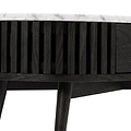 Close-up of a modern Shorwell Black & Marble 1 Drawer Oval Coffee Table from Roseland Furniture with a white marble top, featuring vertical slats on the front and tapered legs, shown against a white background.