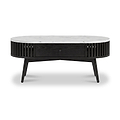 An oval Shorwell Black & Marble 1 Drawer Oval Coffee Table with a white marble top, a black slatted side panel, and tapered black legs, shown against a plain white background.