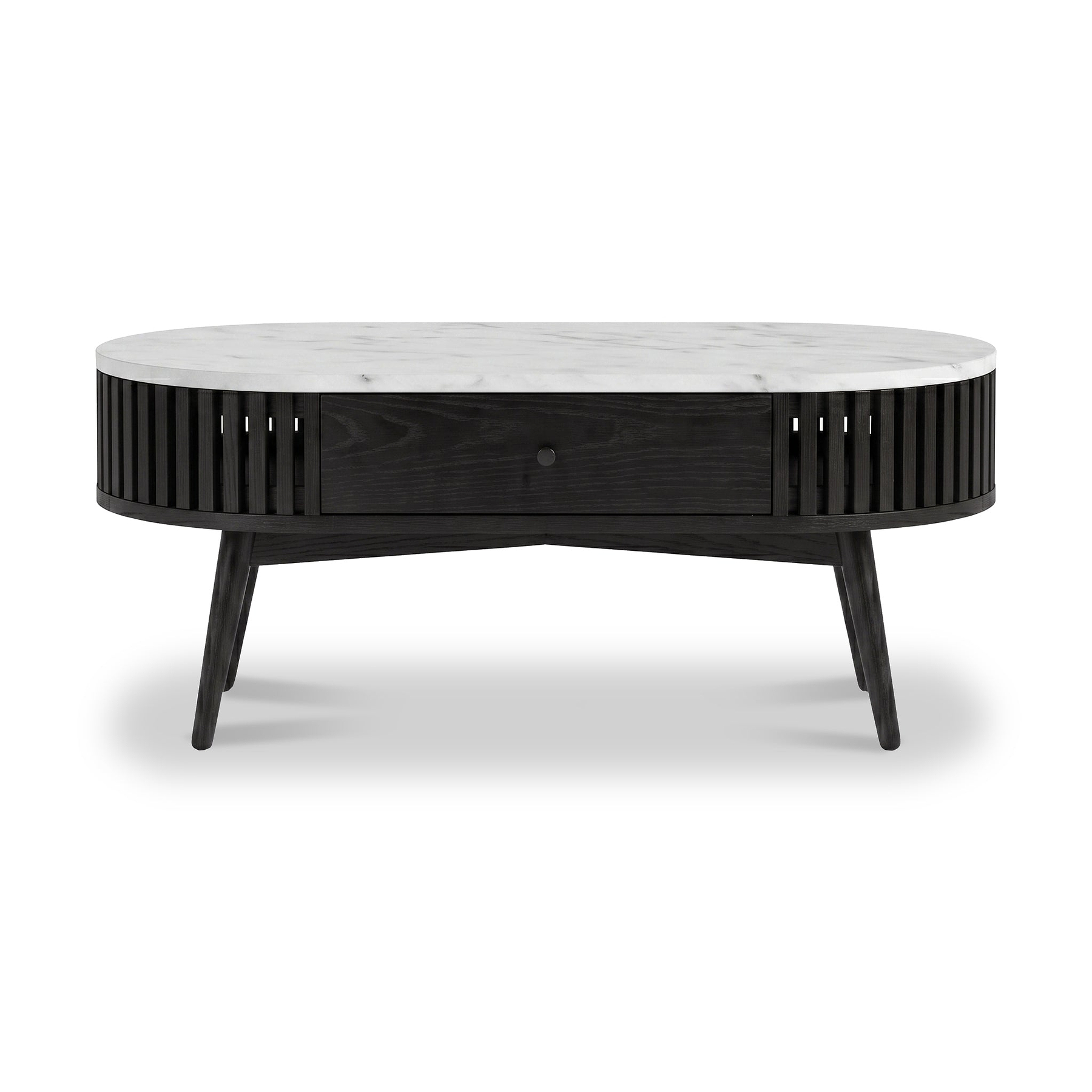 An oval Shorwell Black & Marble 1 Drawer Oval Coffee Table with a white marble top, a black slatted side panel, and tapered black legs, shown against a plain white background.