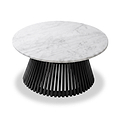 A modern Shorwell Black & Marble 80cm Round Coffee Table from Roseland Furniture with a white marble top and a black slatted pedestal base, shown on a clean white background.