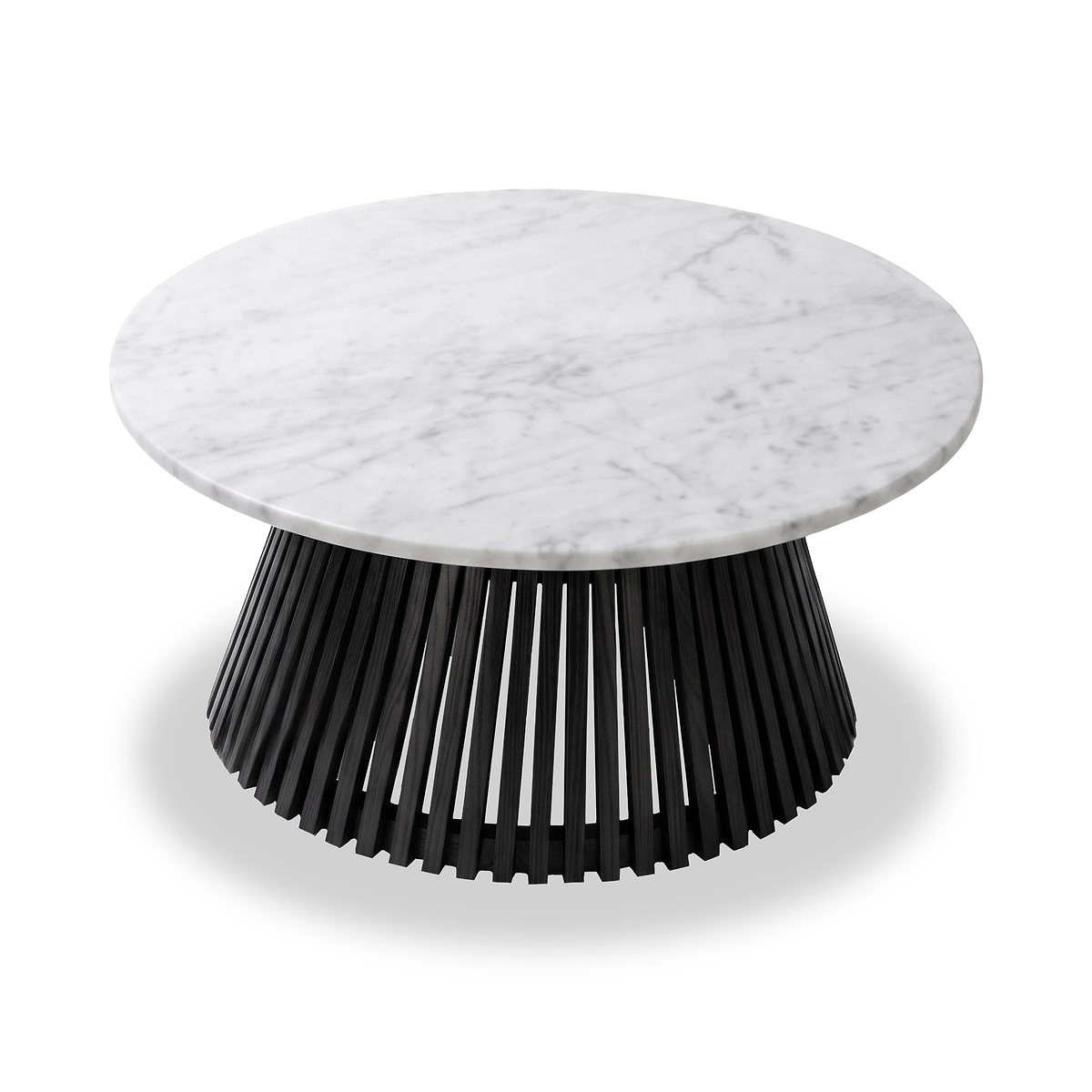 A modern Shorwell Black & Marble 80cm Round Coffee Table from Roseland Furniture with a white marble top and a black slatted pedestal base, shown on a clean white background.