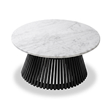 A modern Shorwell Black & Marble 80cm Round Coffee Table from Roseland Furniture with a white marble top and a black slatted pedestal base, shown on a clean white background.