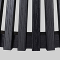 Close-up of a Shorwell Black & Marble 80cm Round Coffee Table slatted panel design with vertical blackened wood bars, shown against a plain light gray background.