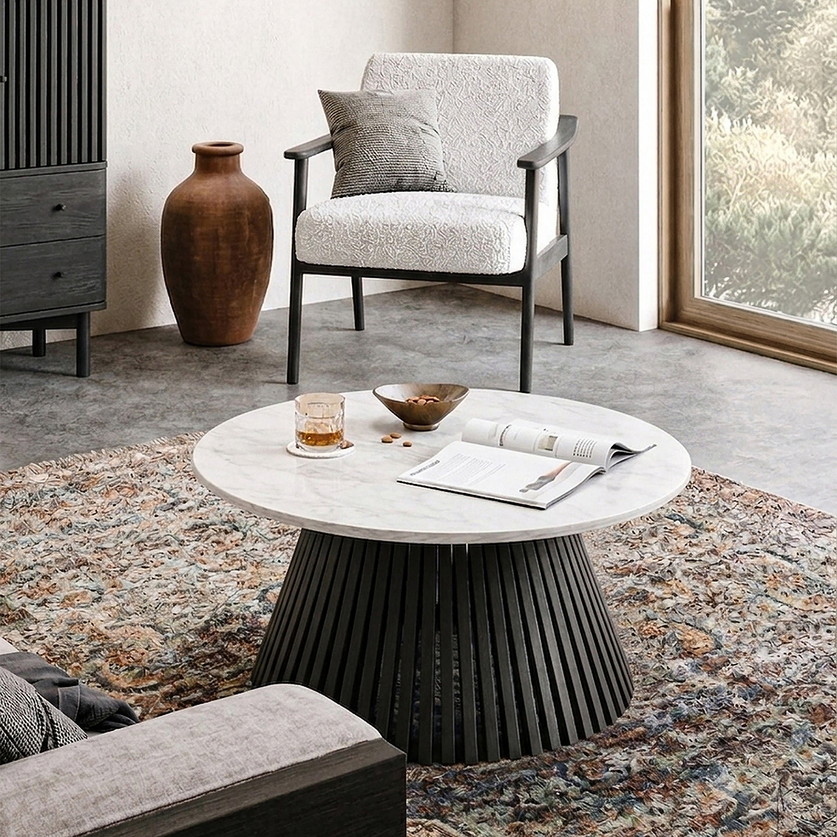 Shorwell Black & Marble 80cm Round Coffee Table from Roseland Furniture