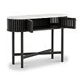 A modern Shorwell Black & Marble Oval Console Table with a black slatted frame, black legs, and a white marble top, shown with one side cabinet door open to reveal storage space.