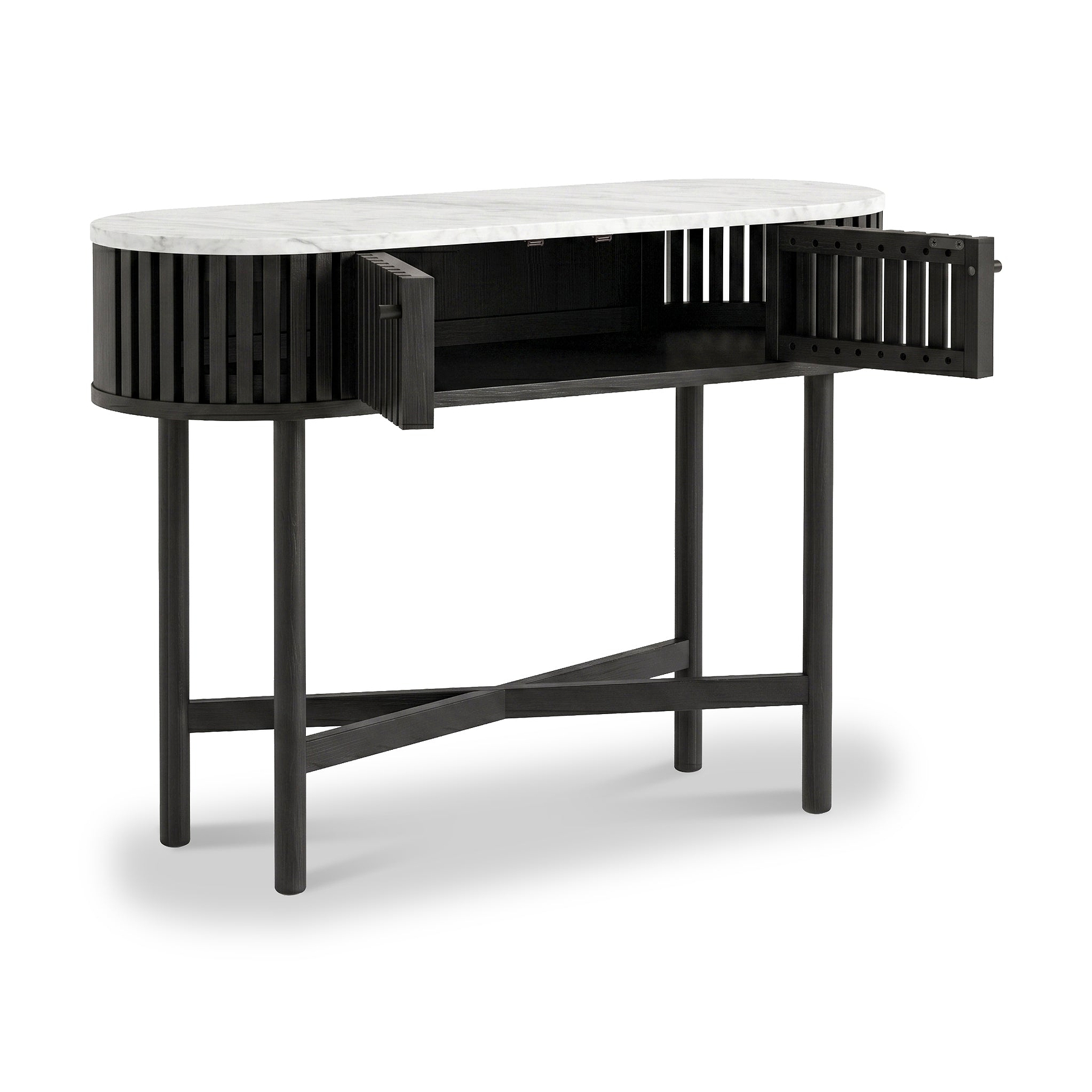 A modern Shorwell Black & Marble Oval Console Table with a black slatted frame, black legs, and a white marble top, shown with one side cabinet door open to reveal storage space.