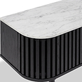 Close-up of a Shorwell Black & Marble Slatted 130cm TV Unit with a white marble top and a black slatted wooden side panel, shown on a light gray background.