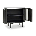 A modern Shorwell Black & Marble Cupboard with a white marble top, featuring two open doors with vertical slats and two interior shelves, shown on a white background.