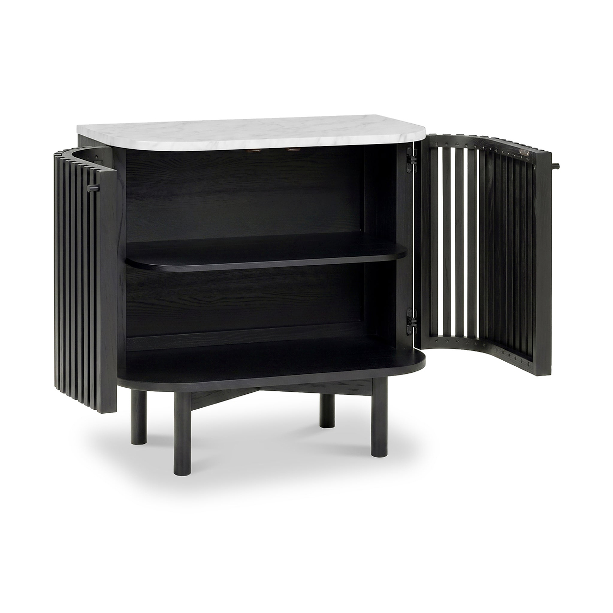 A modern Shorwell Black & Marble Cupboard with a white marble top, featuring two open doors with vertical slats and two interior shelves, shown on a white background.