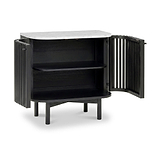 A modern Shorwell Black & Marble Cupboard with a white marble top, featuring two open doors with vertical slats and two interior shelves, shown on a white background.
