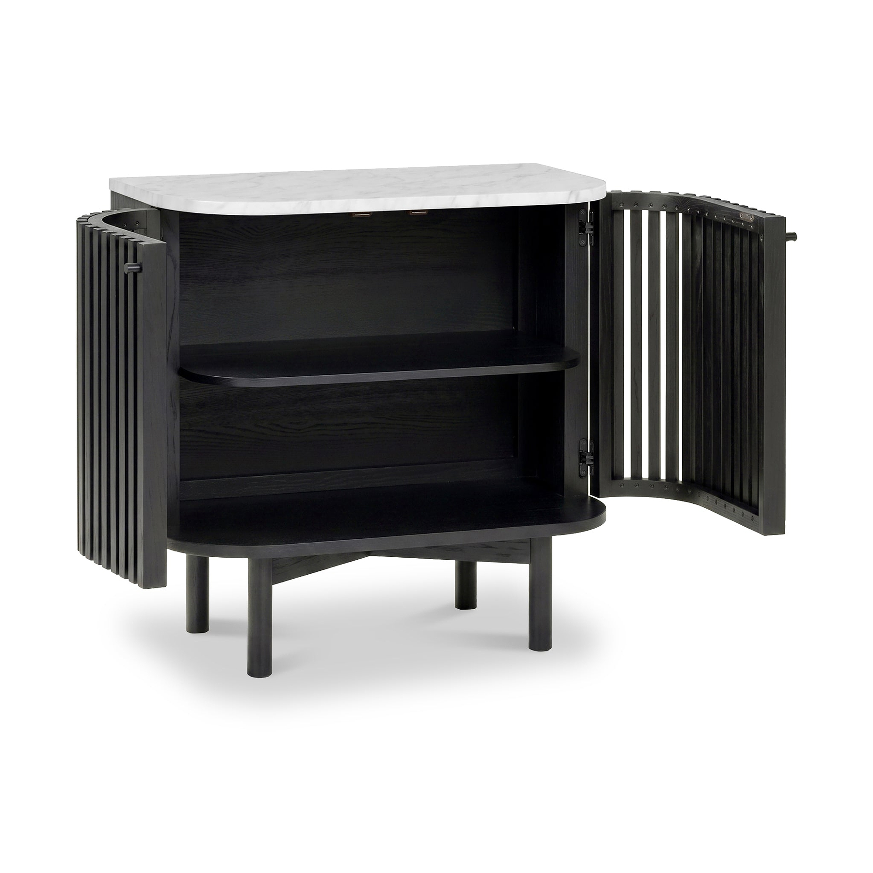 A modern Shorwell Black & Marble Cupboard with a white marble top, featuring two open doors with vertical slats and two interior shelves, shown on a white background.