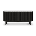 A modern Shorwell Black & Marble Large Sideboard with a fluted vertical slat front, a white marble top, and slim black legs, shown against a plain white background.