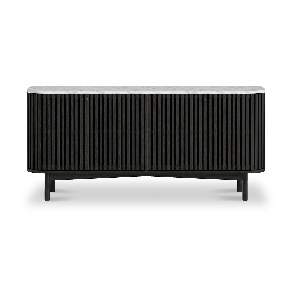 A modern Shorwell Black & Marble Large Sideboard with a fluted vertical slat front, a white marble top, and slim black legs, shown against a plain white background.