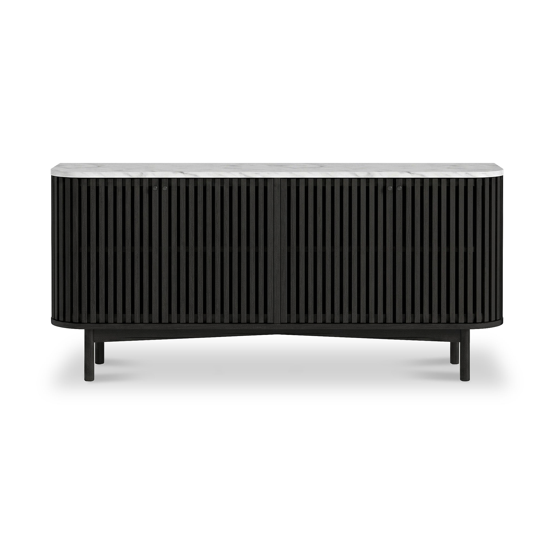 A modern Shorwell Black & Marble Large Sideboard with a fluted vertical slat front, a white marble top, and slim black legs, shown against a plain white background.
