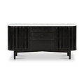 A modern Shorwell Black & Marble 3 Drawer Sideboard with a white marble top, featuring vertical fluted panels on both sides and three drawers in the center, shown against a plain white background.
