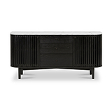 A modern Shorwell Black & Marble 3 Drawer Sideboard with a white marble top, featuring vertical fluted panels on both sides and three drawers in the center, shown against a plain white background.