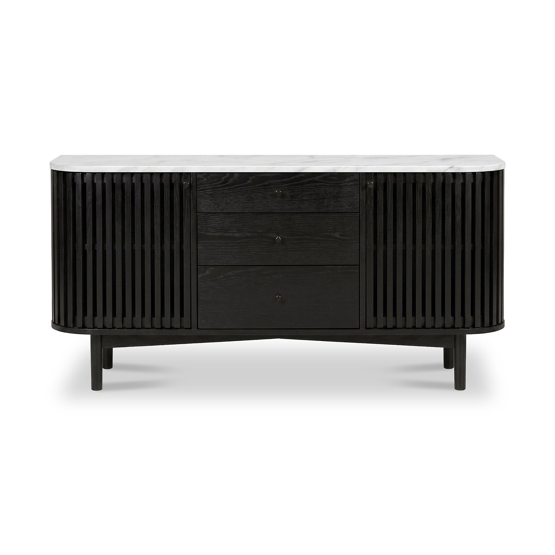 A modern Shorwell Black & Marble 3 Drawer Sideboard with a white marble top, featuring vertical fluted panels on both sides and three drawers in the center, shown against a plain white background.
