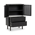 A Shorwell Black & Marble Slatted 2 Drawer 2 Door Cabinet with two doors open, showing an upper shelf and a lower drawer compartment with two drawers pulled out, photographed on a clean white background.
