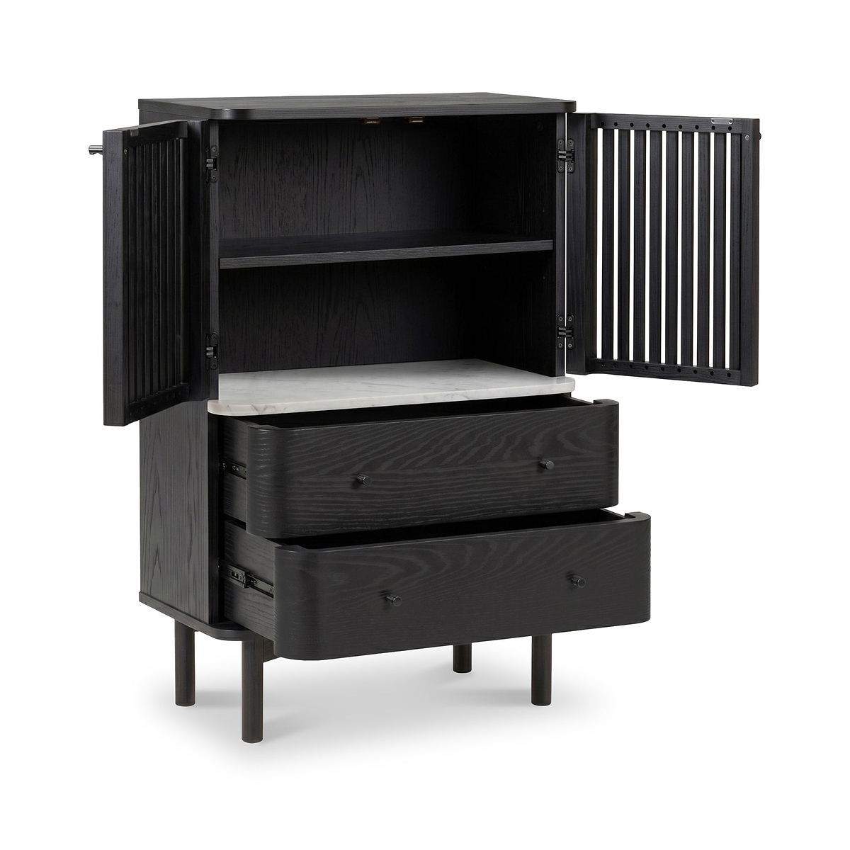A Shorwell Black & Marble Slatted 2 Drawer 2 Door Cabinet with two doors open, showing an upper shelf and a lower drawer compartment with two drawers pulled out, photographed on a clean white background.