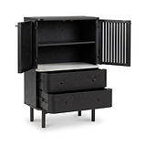 A Shorwell Black & Marble Slatted 2 Drawer 2 Door Cabinet with two doors open, showing an upper shelf and a lower drawer compartment with two drawers pulled out, photographed on a clean white background.