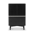 A modern Shorwell Black & Marble Slatted 2 Drawer 2 Door Cabinet with a slatted upper section, two drawers with small round pulls in the middle, and tapered legs, shown on a white background.
