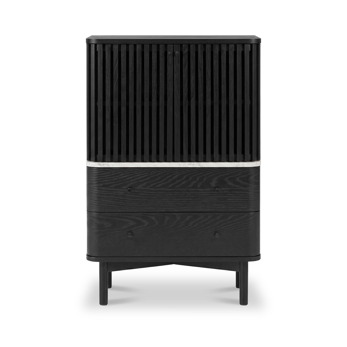 A modern Shorwell Black & Marble Slatted 2 Drawer 2 Door Cabinet with a slatted upper section, two drawers with small round pulls in the middle, and tapered legs, shown on a white background.