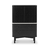 A modern Shorwell Black & Marble Slatted 2 Drawer 2 Door Cabinet with a slatted upper section, two drawers with small round pulls in the middle, and tapered legs, shown on a white background.