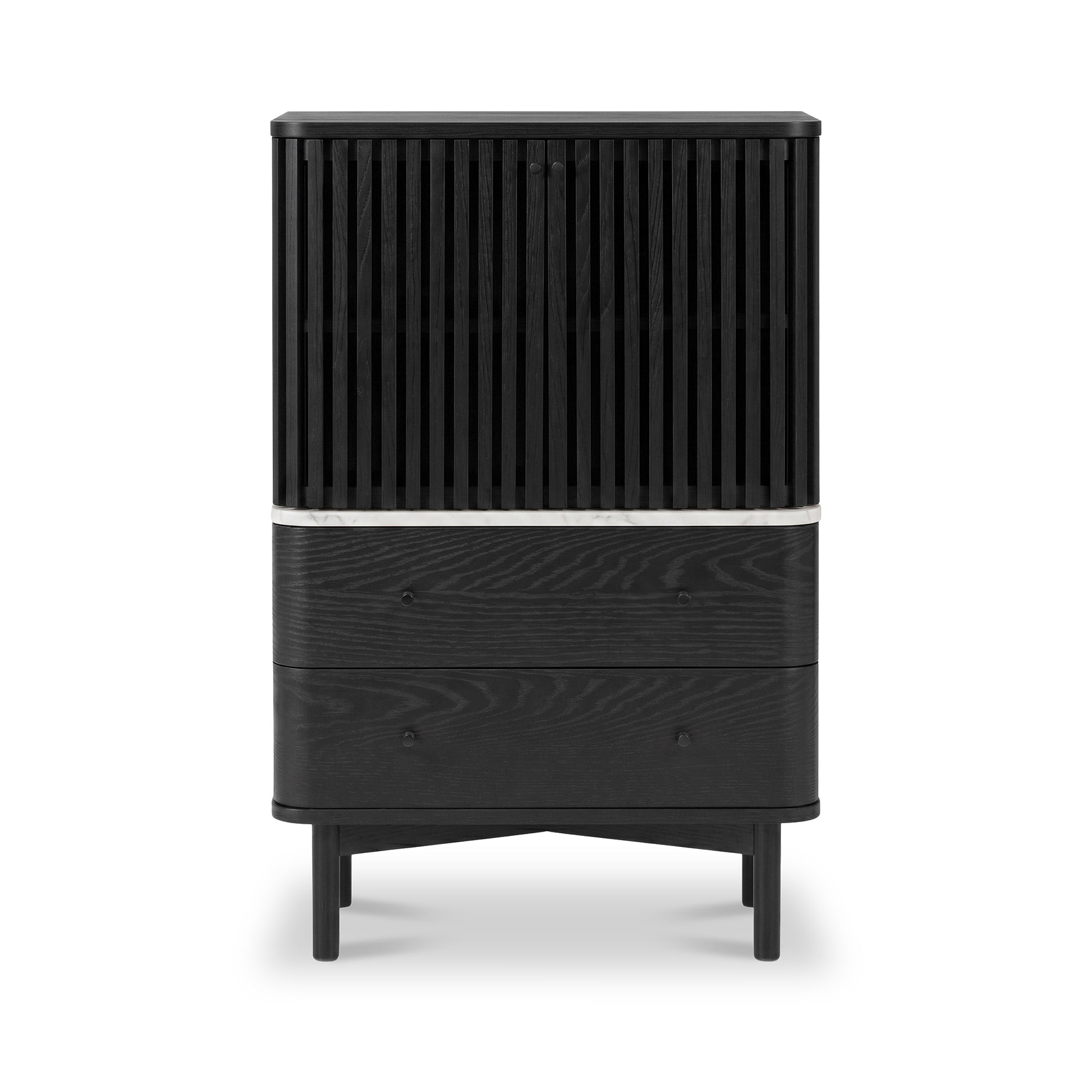 A modern Shorwell Black & Marble Slatted 2 Drawer 2 Door Cabinet with a slatted upper section, two drawers with small round pulls in the middle, and tapered legs, shown on a white background.