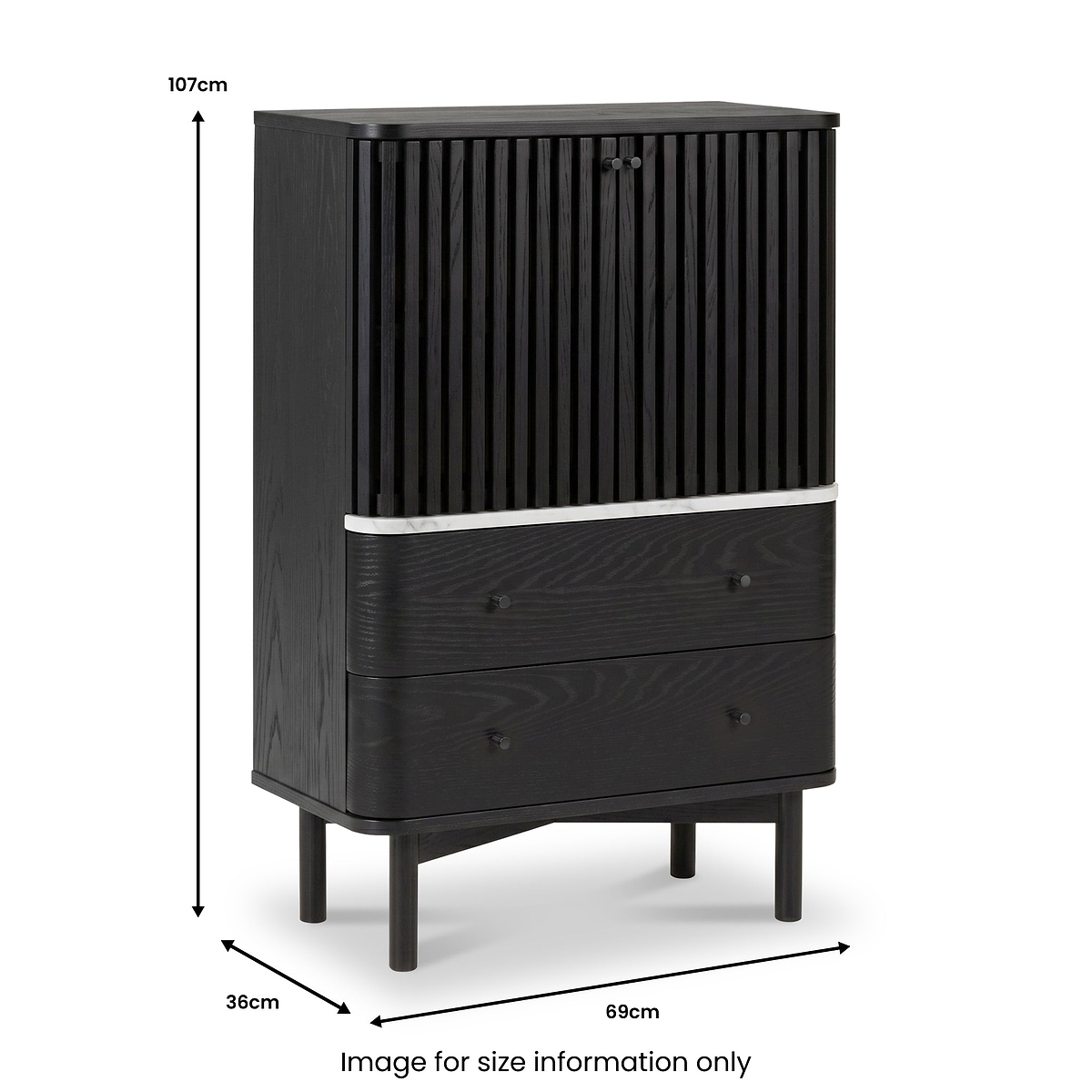 Shorwell Black & Marble Slatted 2 Drawer 2 Door Cabinet dimensions