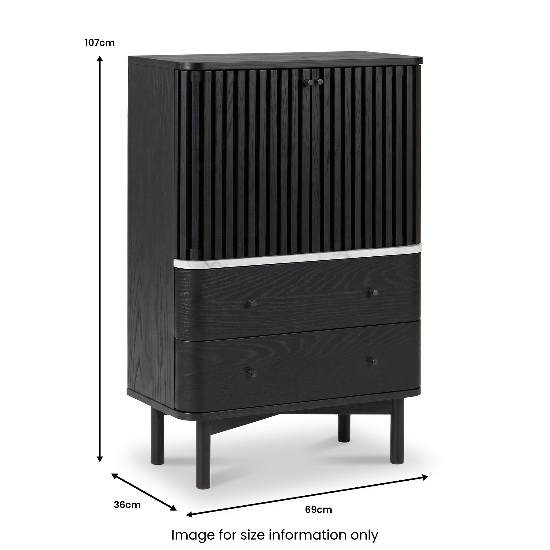 Shorwell Black & Marble Slatted 2 Drawer 2 Door Cabinet dimensions