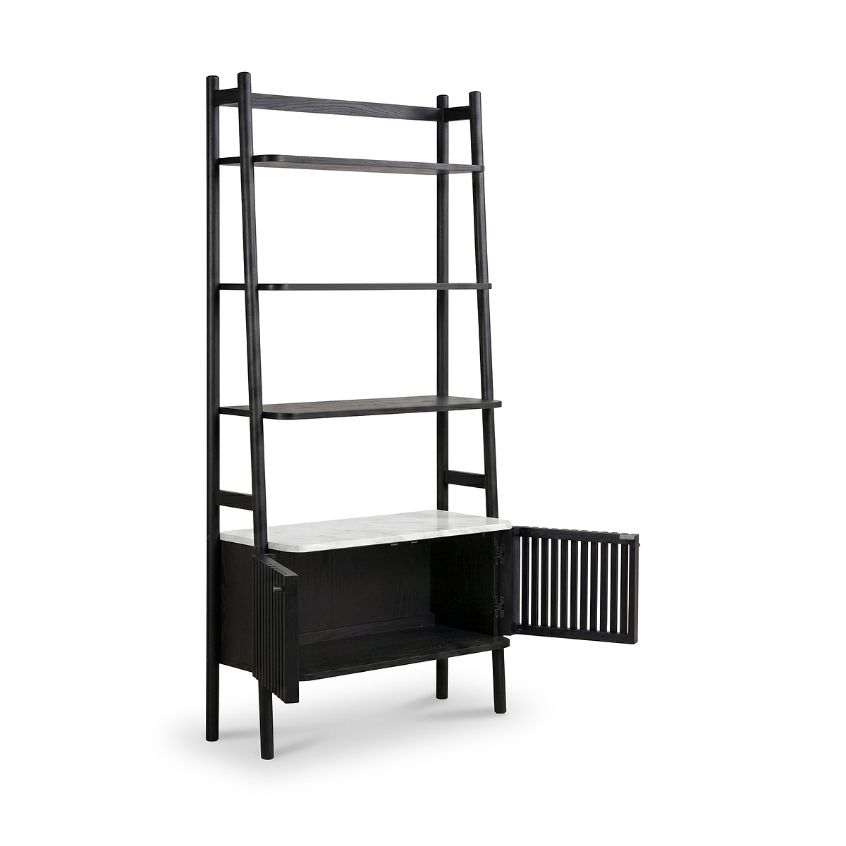 Shorwell Black & Marble Bookcase with 2 Door Slatted Cupboard from Roseland Furniture