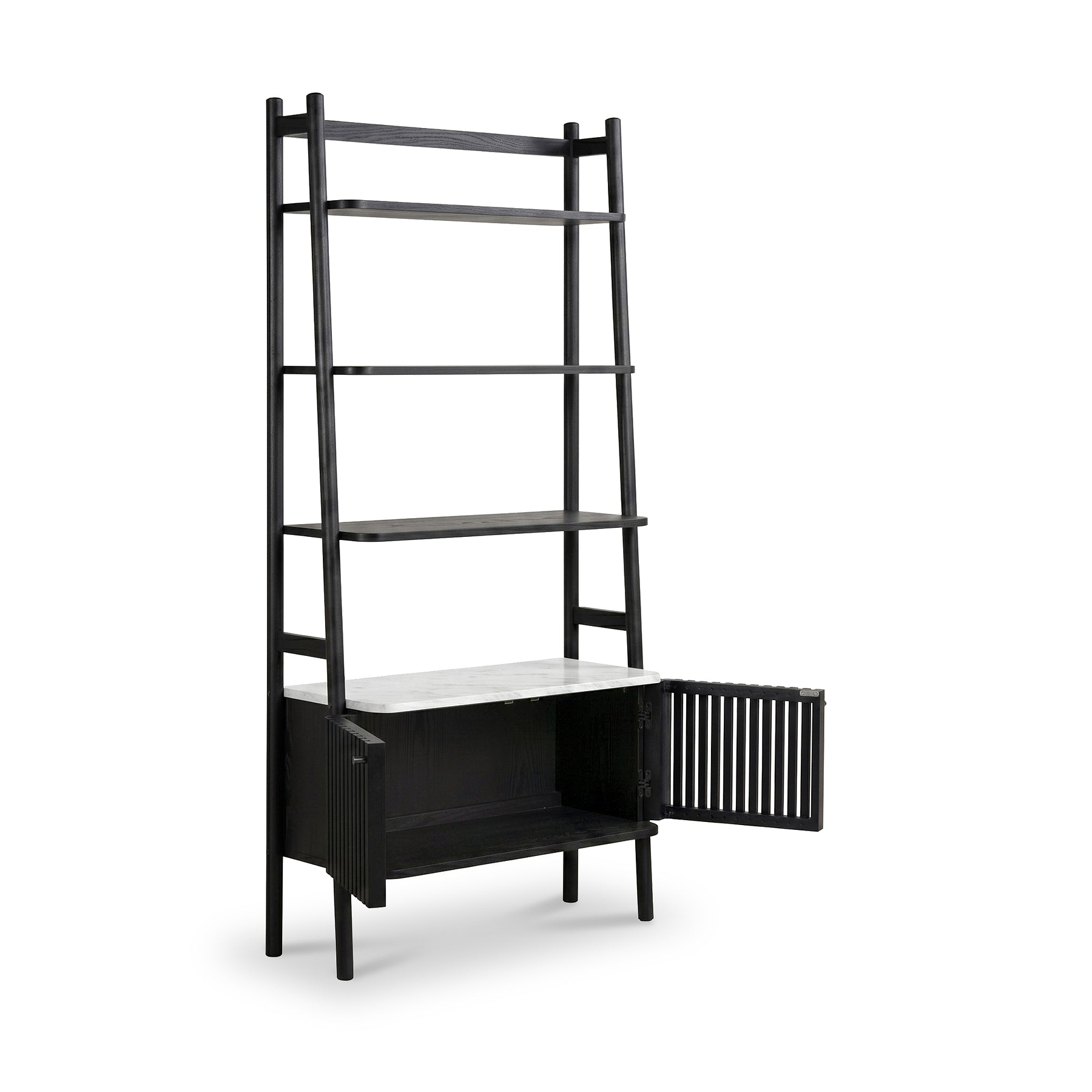 Shorwell Black & Marble Bookcase with 2 Door Slatted Cupboard from Roseland Furniture