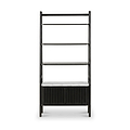 A modern Shorwell Black & Marble Bookcase with 2 Door Slatted Cupboard with four open shelves and a lower slatted storage compartment featuring a light gray marble top, shown against a plain white background.