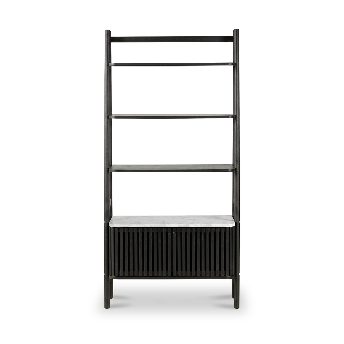 A modern Shorwell Black & Marble Bookcase with 2 Door Slatted Cupboard with four open shelves and a lower slatted storage compartment featuring a light gray marble top, shown against a plain white background.