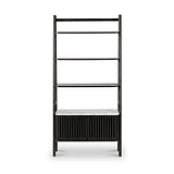 A modern Shorwell Black & Marble Bookcase with 2 Door Slatted Cupboard with four open shelves and a lower slatted storage compartment featuring a light gray marble top, shown against a plain white background.