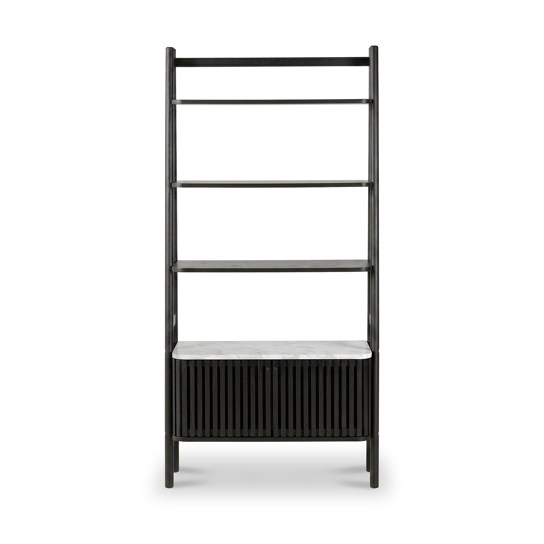 A modern Shorwell Black & Marble Bookcase with 2 Door Slatted Cupboard with four open shelves and a lower slatted storage compartment featuring a light gray marble top, shown against a plain white background.