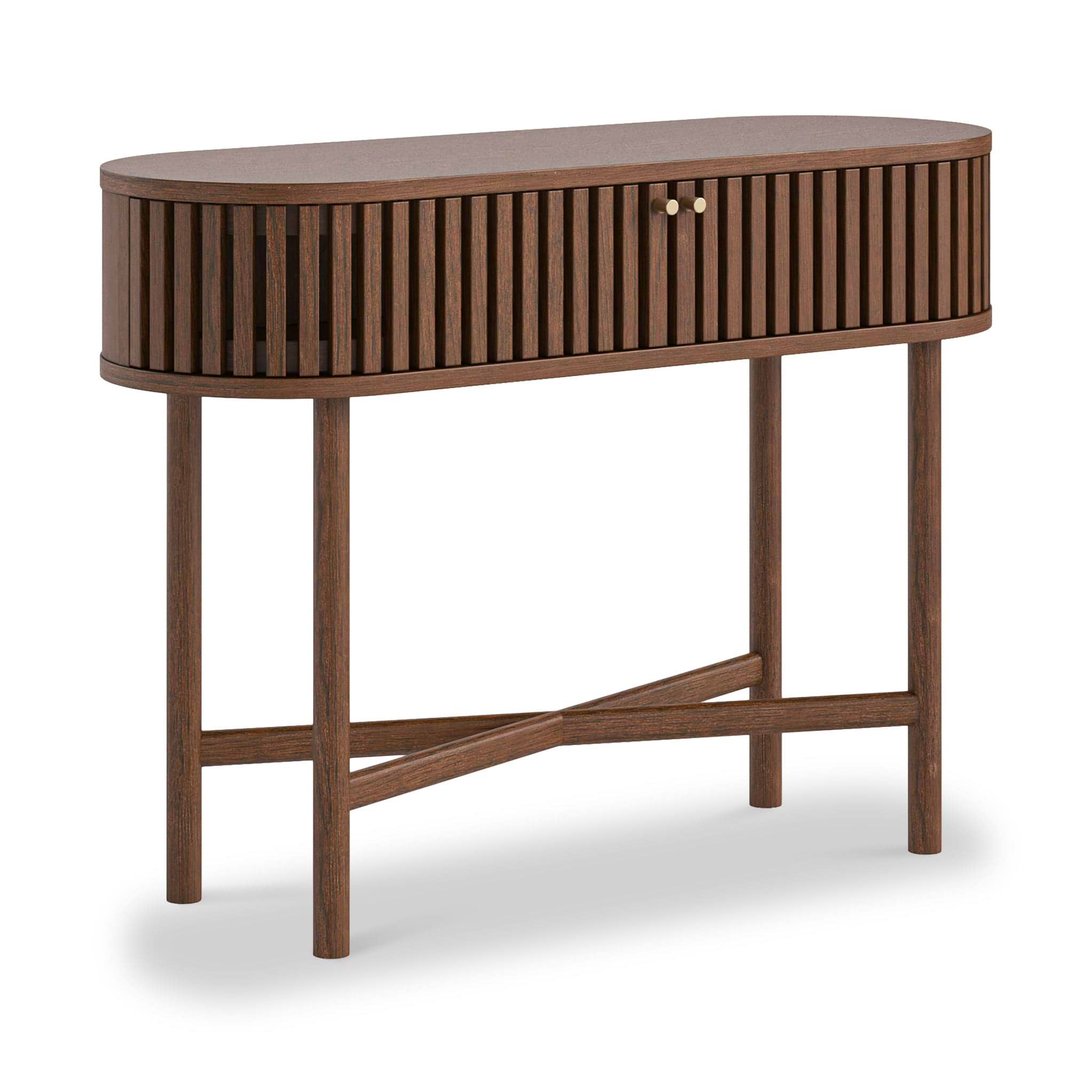 Shorwell Oak Slatted Oval Console Table Dark Stain from Roseland Furniture