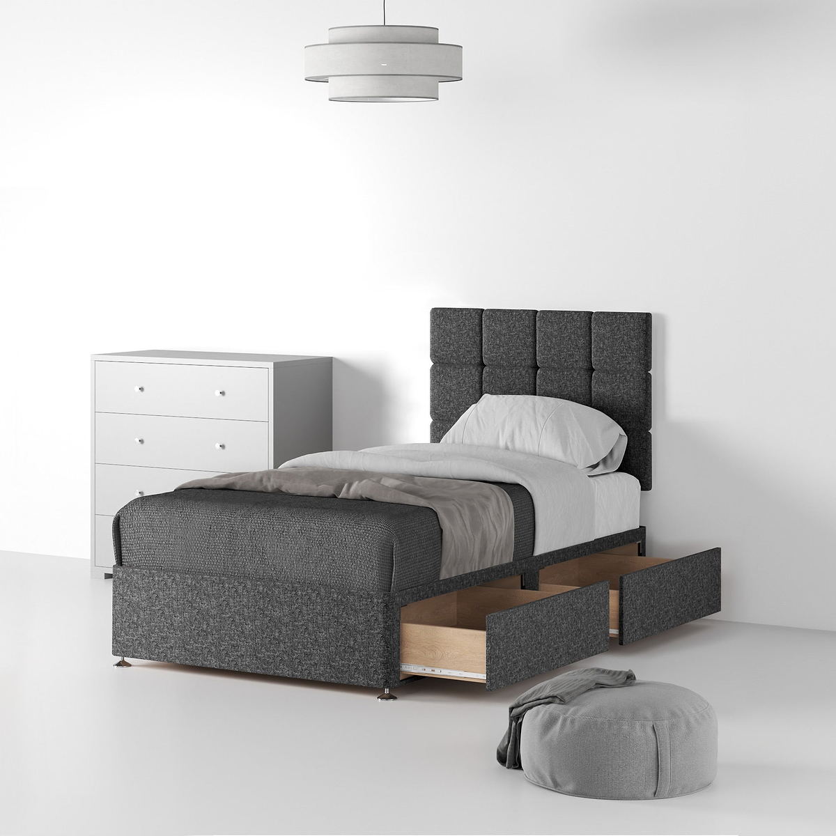 Farrow-Cube-26HB-Divan-Linen-Look-SS-S-2-Drawers-Linen-Charcoal from Roseland Furniture