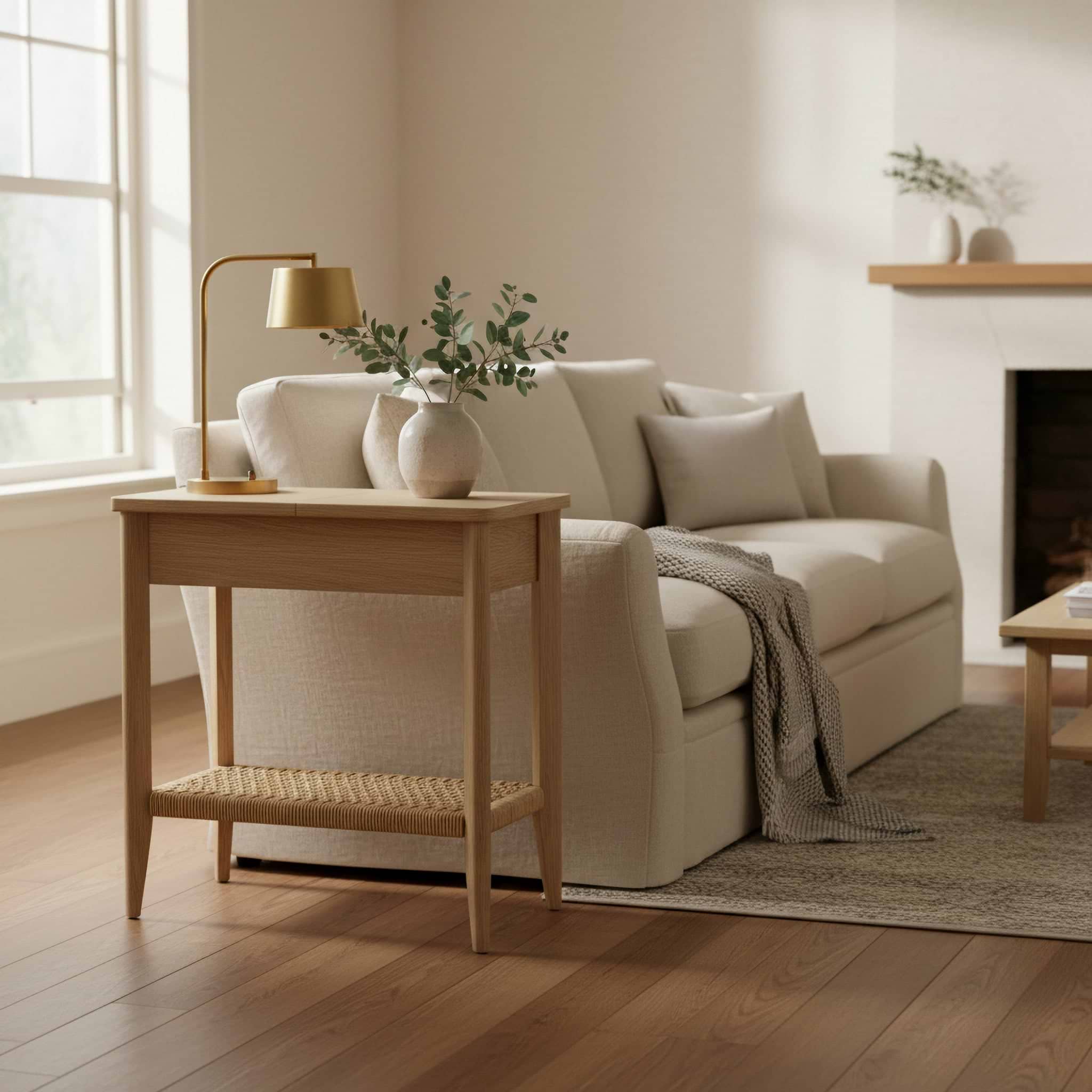 Harborough Oak Sofa Side Storage Table in transitional living room from Roseland Furniture