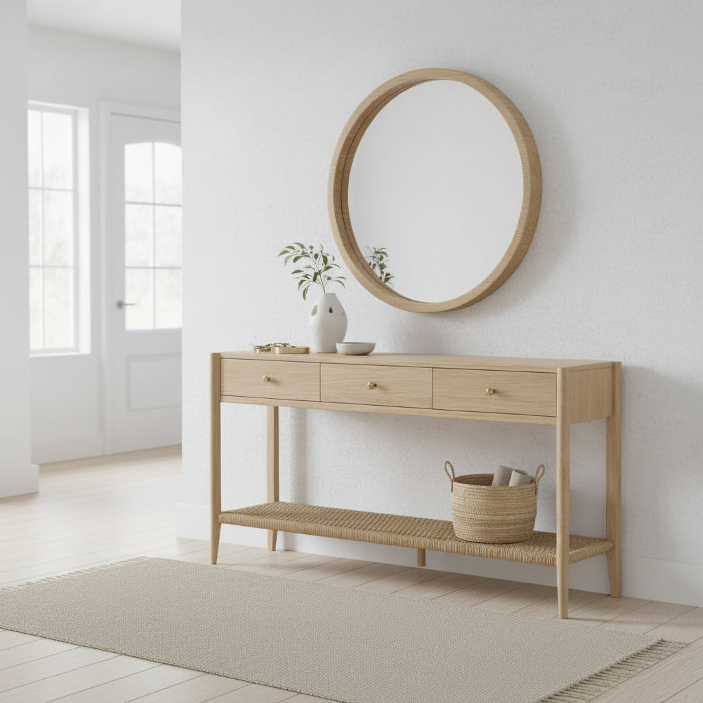 Harborough Oak 145cm Console Table in a minimalistic Scandi style hallway from Roseland Furniture