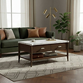 Hawthorne Dark Oak & Marble 2 Drawer Coffee Table in mid century modern living room from Roseland Furniture