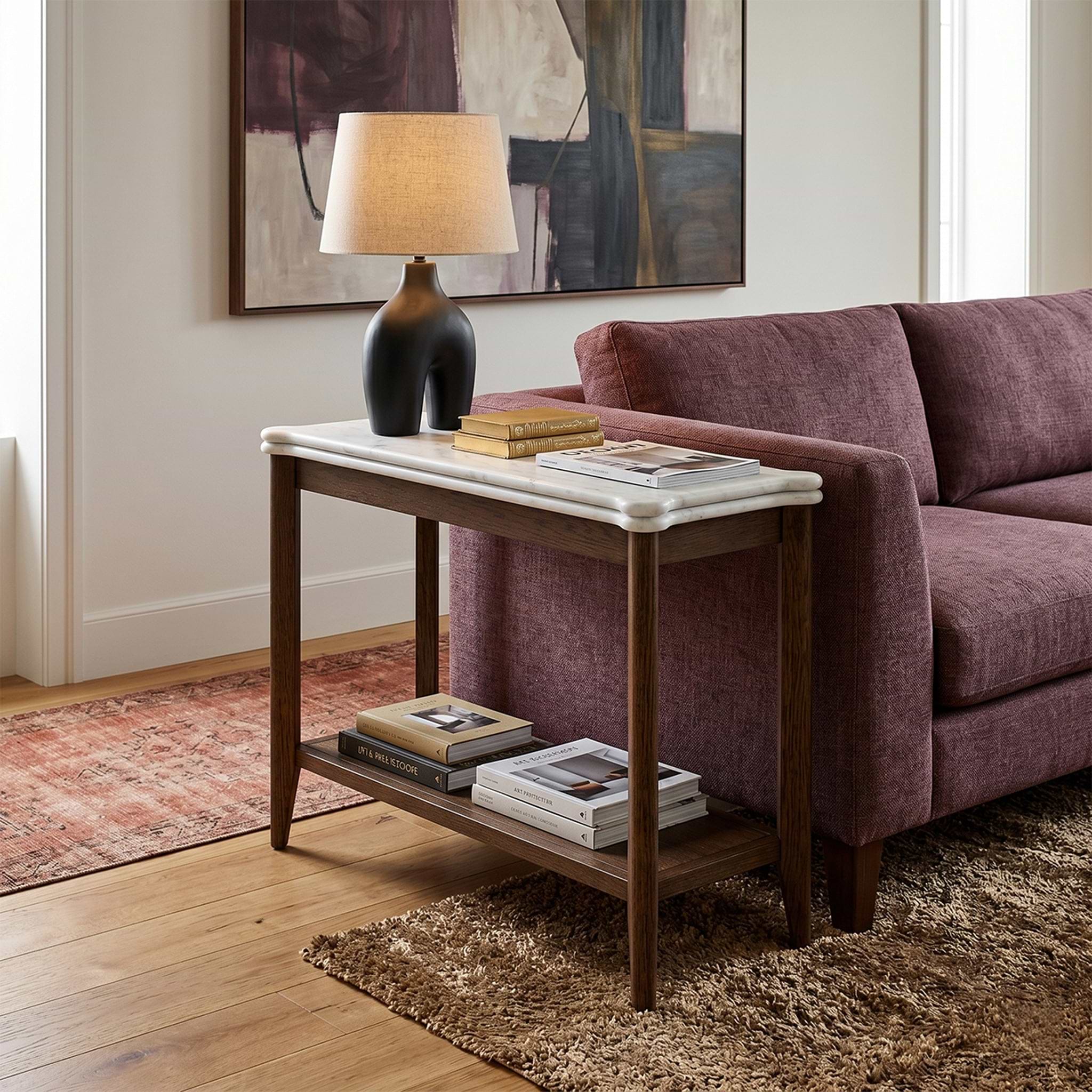 Hawthorne Dark Oak & Carrara Marble Sofa Side Table | Roseland