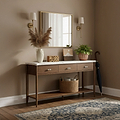 Hawthorne Dark Oak & Marble Large Console Table in a mid century modern entryway by Roseland Furniture