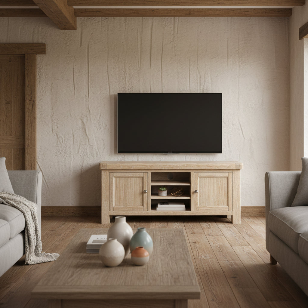 Portland Washed Oak 140cm TV Unit from Roseland Furniture