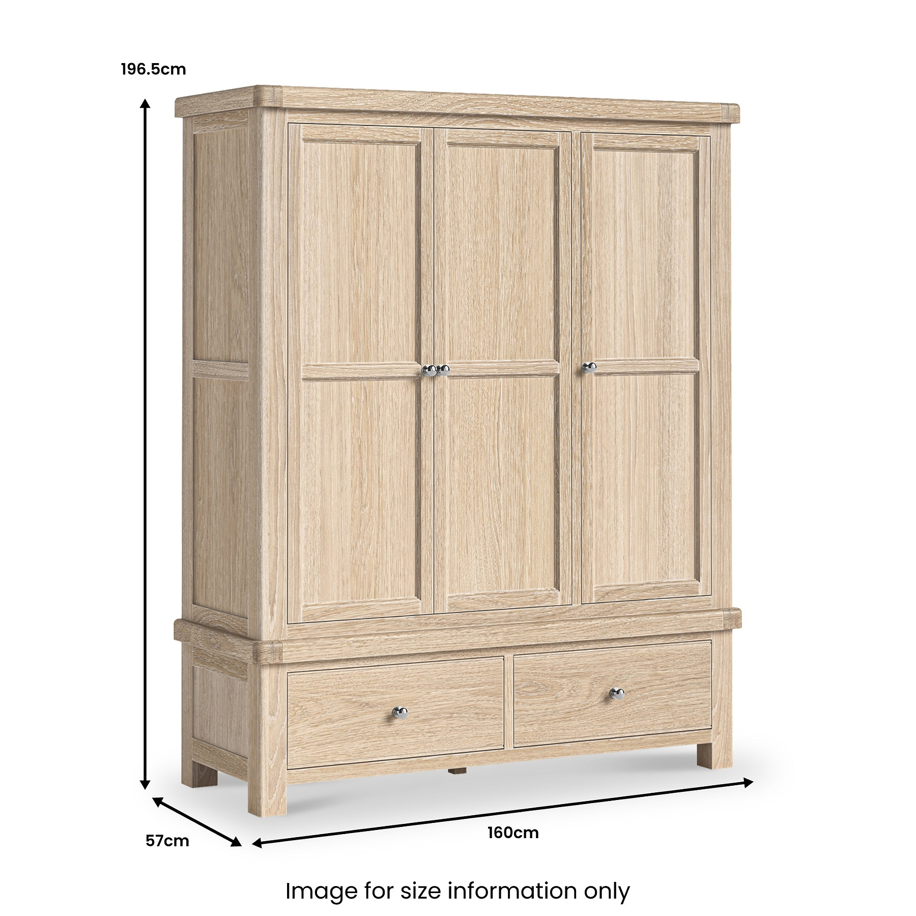 Portland Washed Oak Triple Wardrobe With 2 Drawers from Roseland Furniture