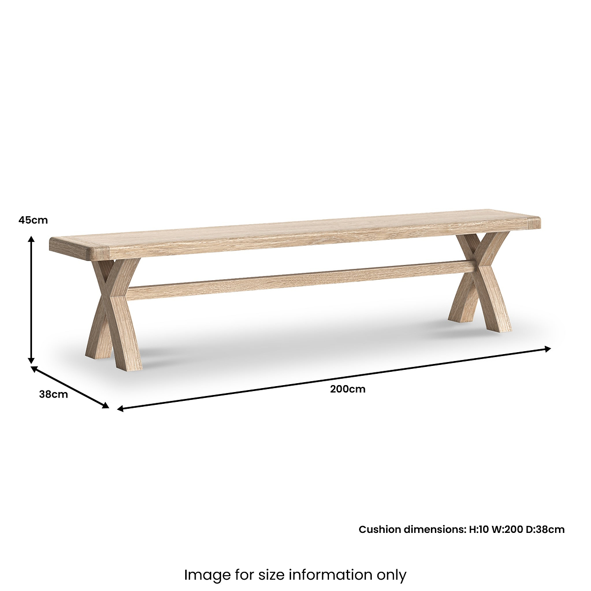 Portland Washed Oak 200cm Cross Leg Dining Bench Beige Cushion from Roseland Furniture
