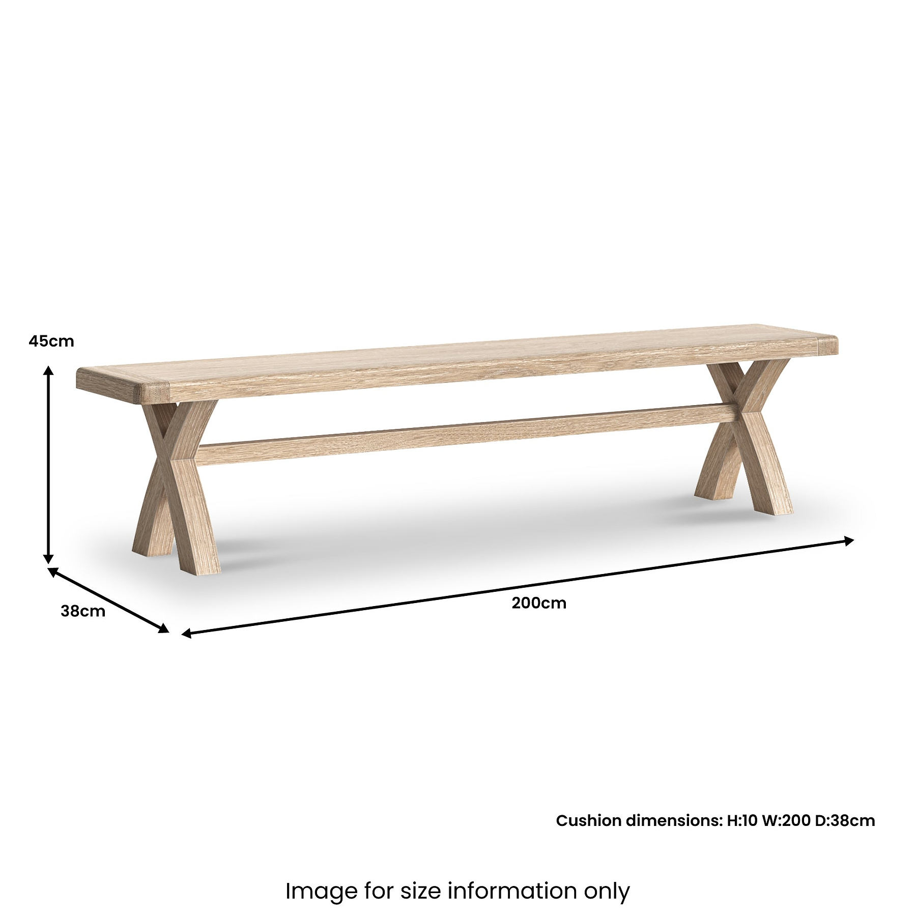 Portland Washed Oak 200cm Cross Leg Dining Bench Beige Cushion from Roseland Furniture
