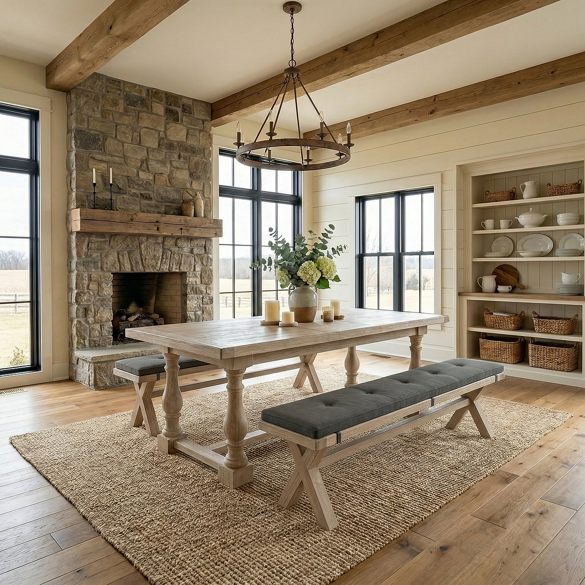 Portland Washed Oak 200cm Cross Leg Dining Bench with Charcoal cushion from Roseland Furniture
