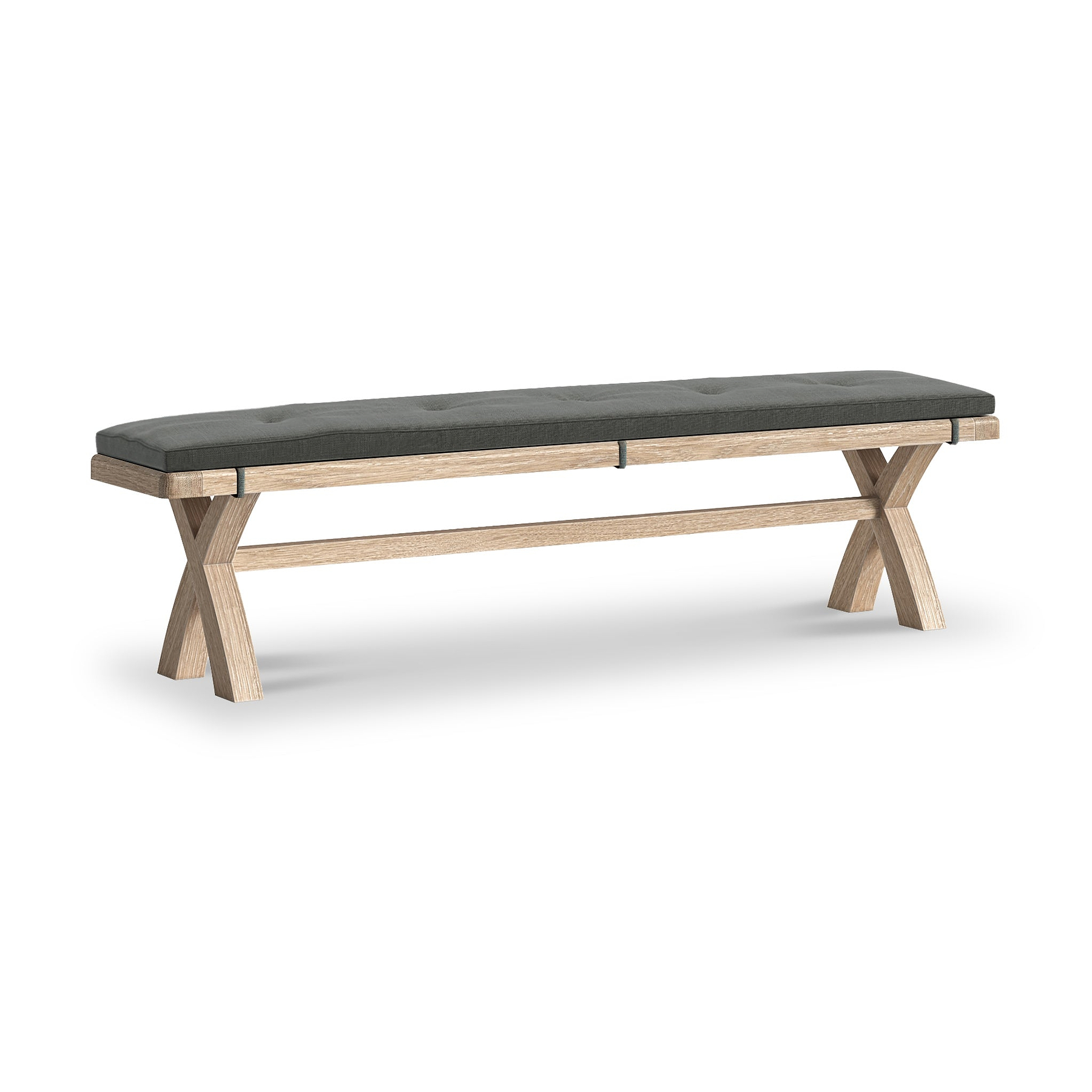 Portland Washed Oak 200cm Cross Leg Dining Bench Charcoal Cushion from Roseland Furniture