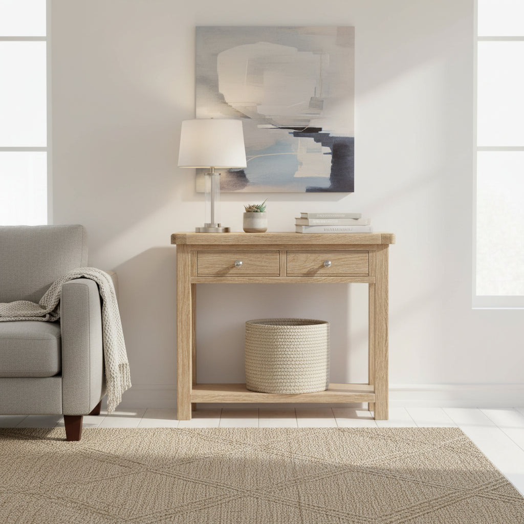 Portland Washed Oak 2 Drawer Console Table from Roseland Furniture